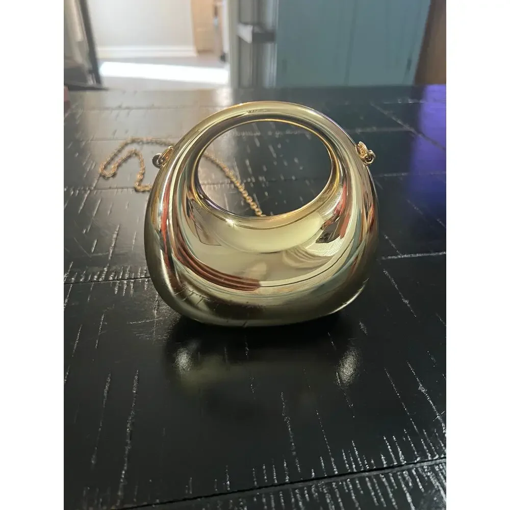 New Gold Metallic Sculptural Hard Case Clutch  Round Top Handle Crossbody Purse